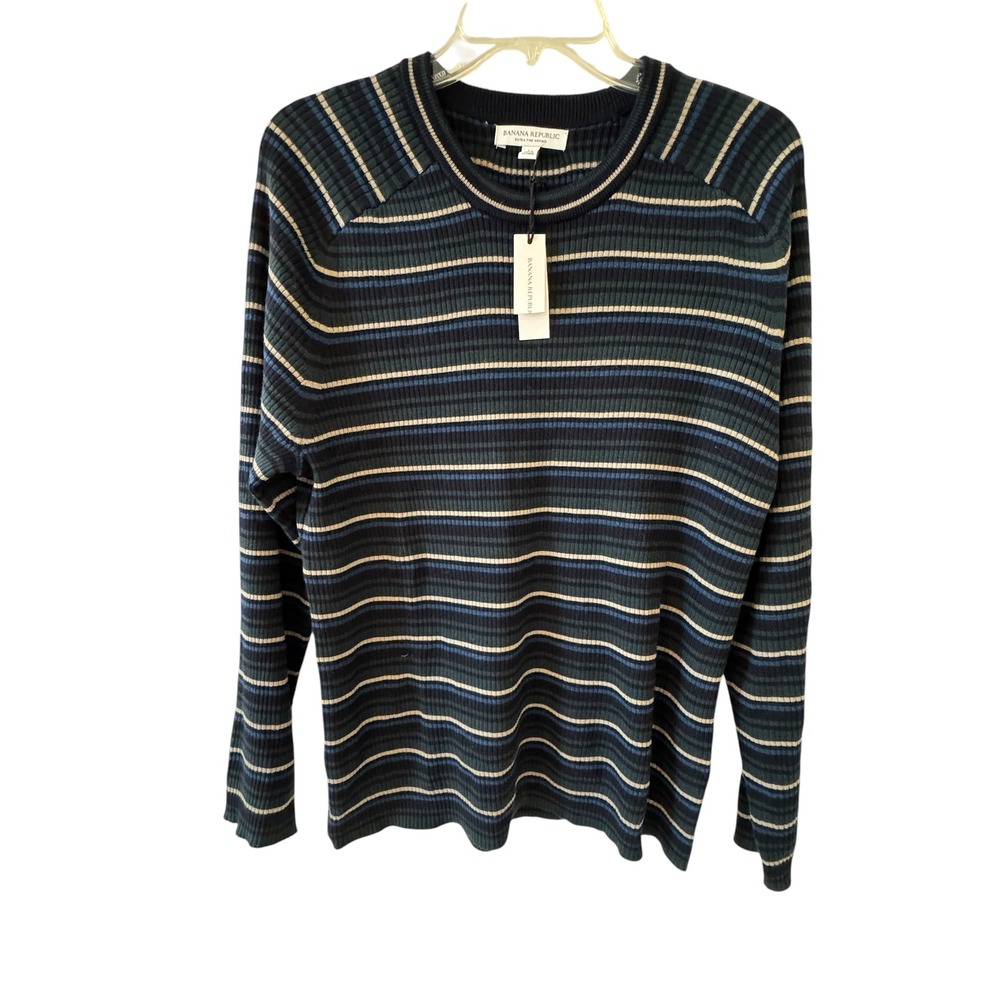 Banana Republic Mens Extra Fine Merino Wool Ribbed Striped Sweater Blue Green M